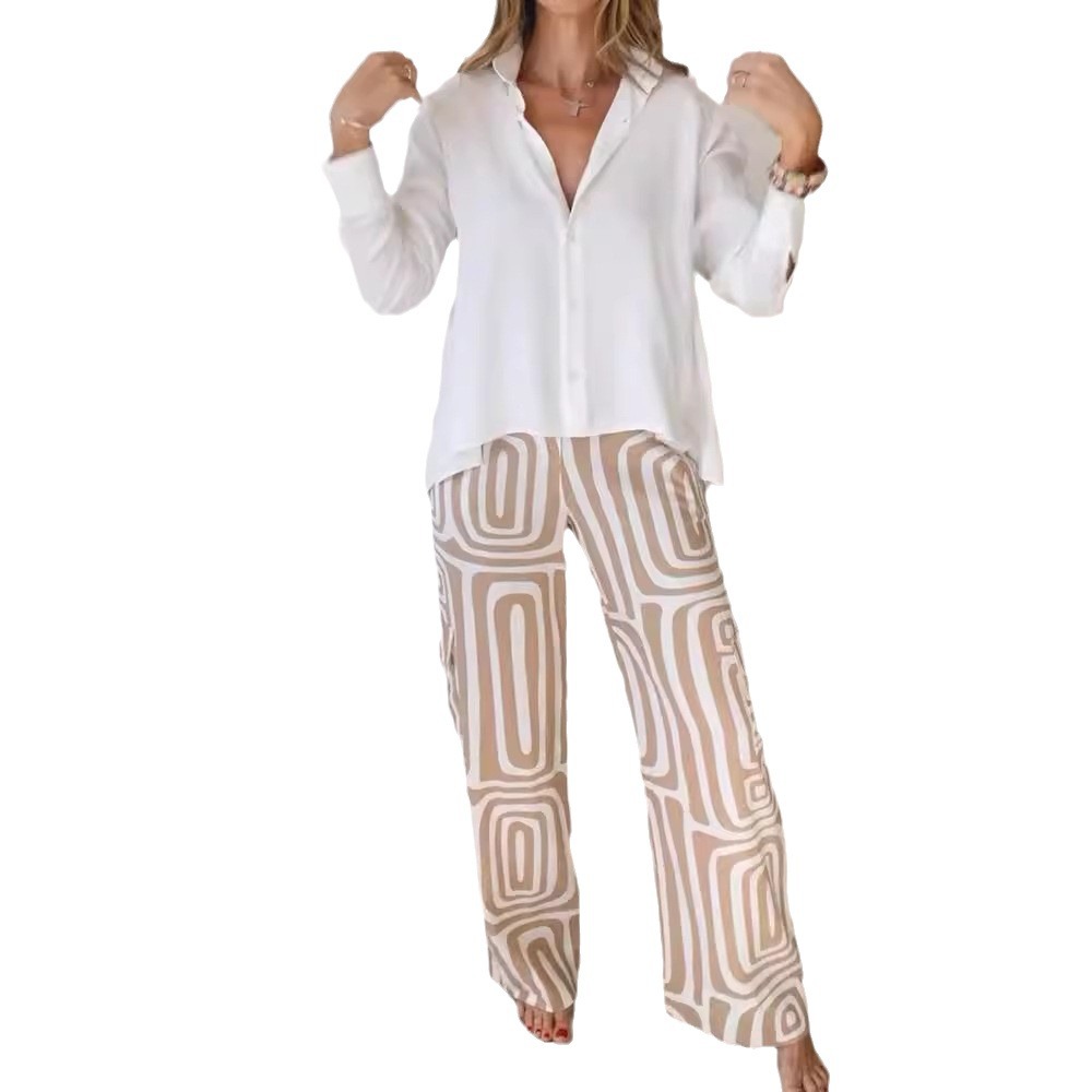 Women's Digital Print Loose Fit Shirt And Wide Leg Pants Two-Piece Set For Casual & Office Wear_ecoleips.com