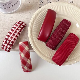 Red plaid sponge fabric hairpin forehead broken hair bangs bb clip high-end versatile side hairpin headwear for women