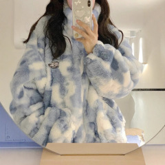 扎染双面绒外套女2025年新款宽松高级感冬季加厚长毛绒上衣潮