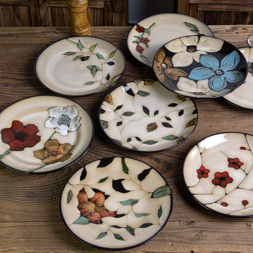 Creative kiln-glazed Western-style dinner plate, steak plate, household dish plate, ceramic plate, underglaze color pasta plate, breakfast plate wholesale