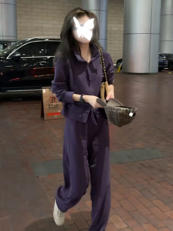 紫色气质时尚运动套装女春秋小个子修身休闲连帽卫衣阔腿裤两件套|undefined