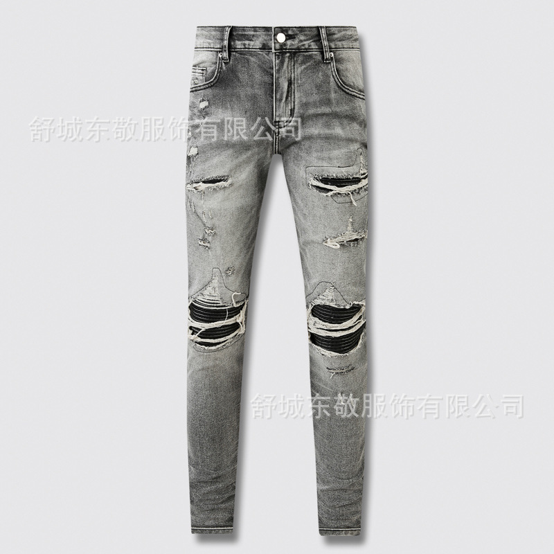 Street Fashion Brand Men's Jeans Retro Gray Slim Fit Ripped Leather Patchwork Patch Men's Jeans