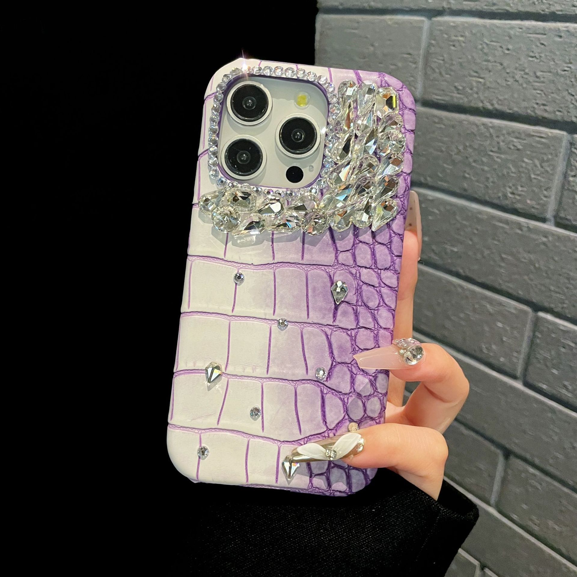 Ốp lưng điện thoại nửa cứng vân cá sấu pha lê lấp lánh cho iPhone 7-15 — Màu xanh quân đội kim cương lấp lánh, Hoa violet kim cương lấp lánh, Hồng lấp lánh, Xanh denim kim cương lấp lánh chi tiết 9