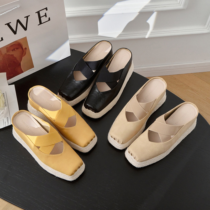Genuine Leather Ballet-Style High-End Niche Thick-Soled Mary Jane Shoes with Hidden Height Increase, Closed-Toe Mules for Women, Summer Outdoor High Heels