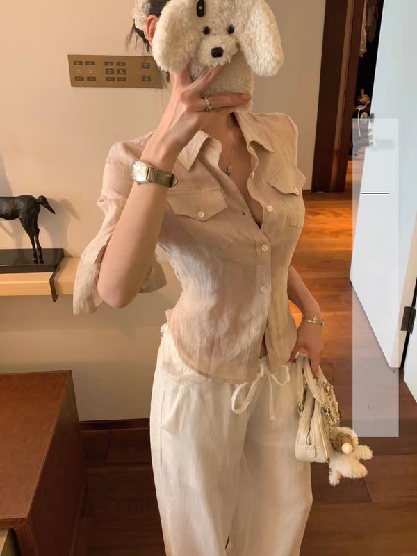 100リネンミッドスリーブレースアップウエストシャツ女性用、芸術的な気質、ダブルポケットショートトップ|undefined