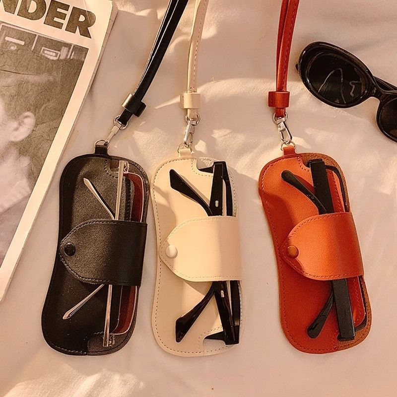 Creative and Simple Glasses Storage Bag That Can Be Hung Around the Neck, Travel Sunglasses Leather Case, Snap Button Solid Color Anti-Lost Glasses Case