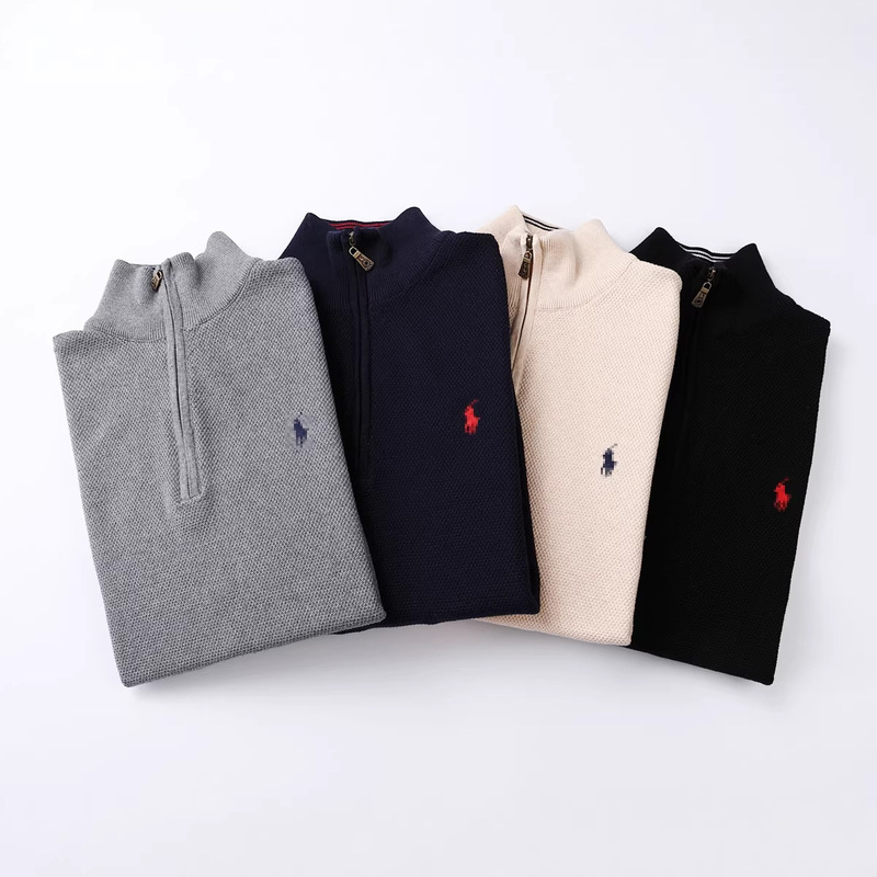 Autumn and Winter New Rl Pony Logo Men's Sweater with Stand Collar and Zipper, Men's Pique Pure Cotton Embroidered Knitwear Autumn and Winter New Rl Pony Logo Men's Sweater with Stand Collar and Zipper, Men's Pique Pure Cotton Embroidered Knitwear