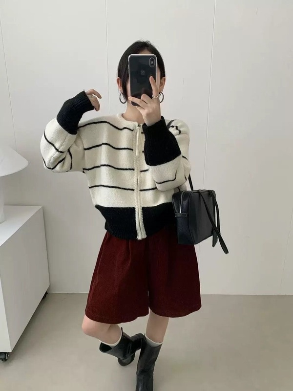 韩系撞色条纹拼色毛衣外套女秋冬新款宽松百搭针织开衫上衣女1307|undefined