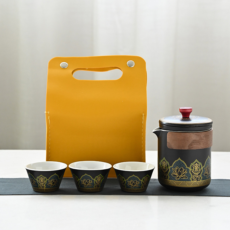 蓝皮包古韵暗香旅行茶具套装便携式陶瓷快客杯户外茶具泡茶壶礼品|undefined