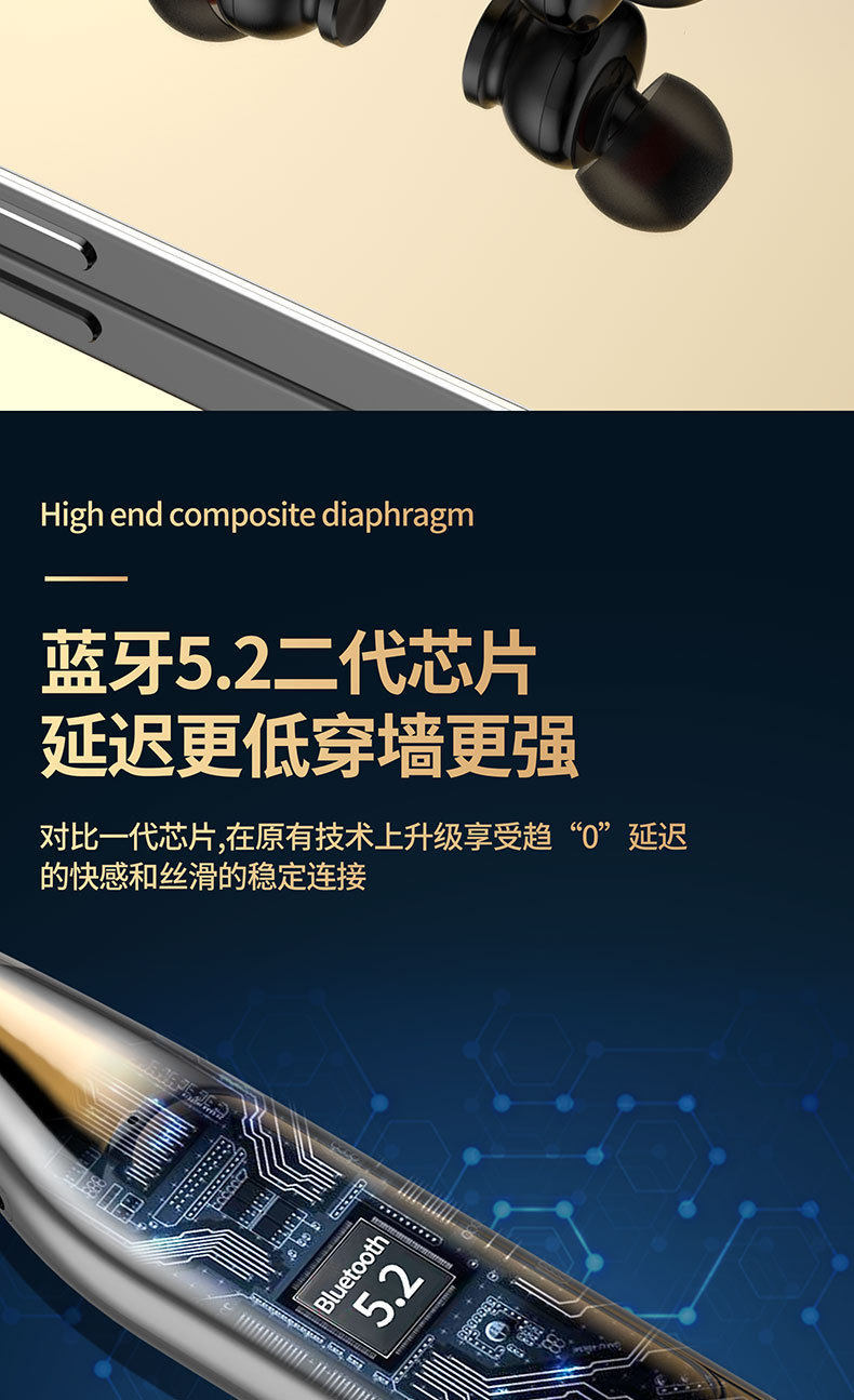 Neckband wireless Bluetooth earphones with metal magnetic attachment, high aesthetic appeal, suitable for sports and music, fast charging, supports card insertion and karaoke ear-monitoring