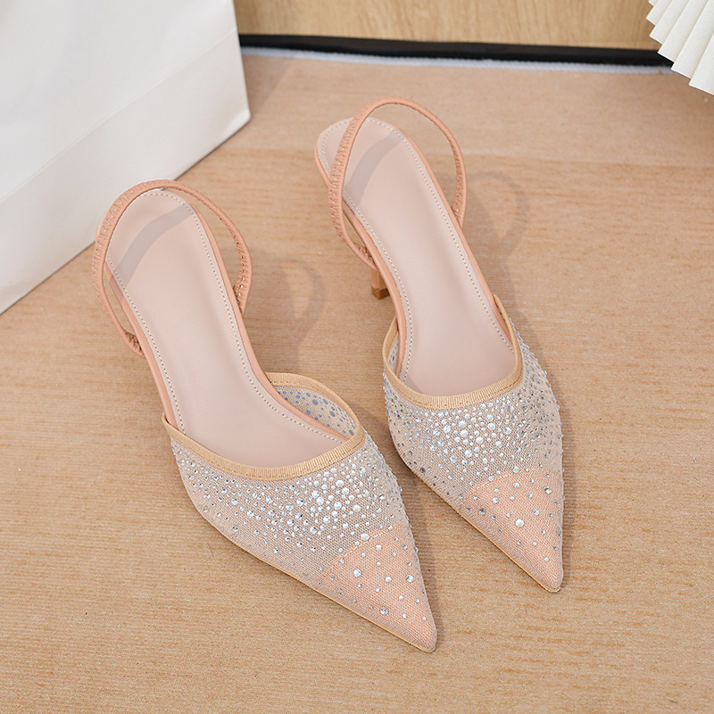 Za2025 Spring New Women's Shoes Bright Mesh Fashionable Elegant Open Heel Mule High Heels Full of Diamonds Versatile New Style