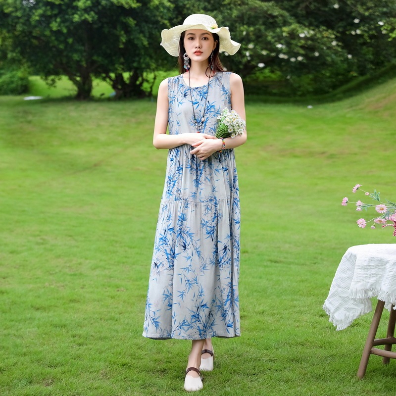 ノースリーブの若い女性の綿シルクドレス夏の海辺の休暇プラスサイズの膝丈ビーチドレス|undefined