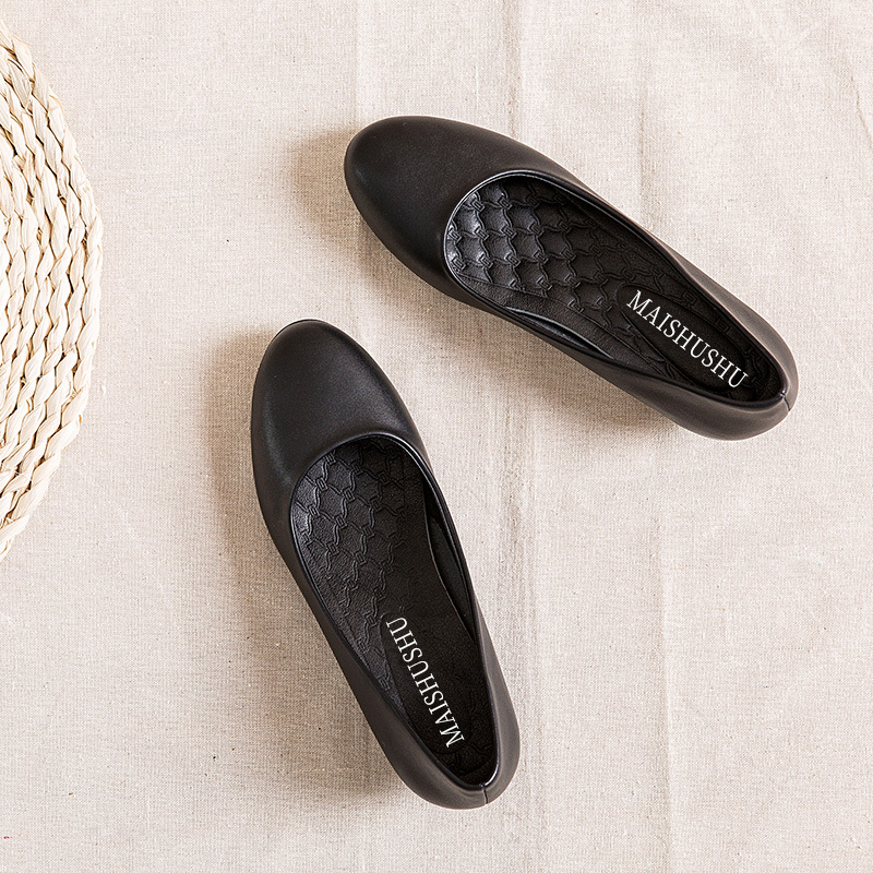 Round toe low heel etiquette shoes women's black leather shoes soft surface hotel bank professional shoes work shoes with low heel