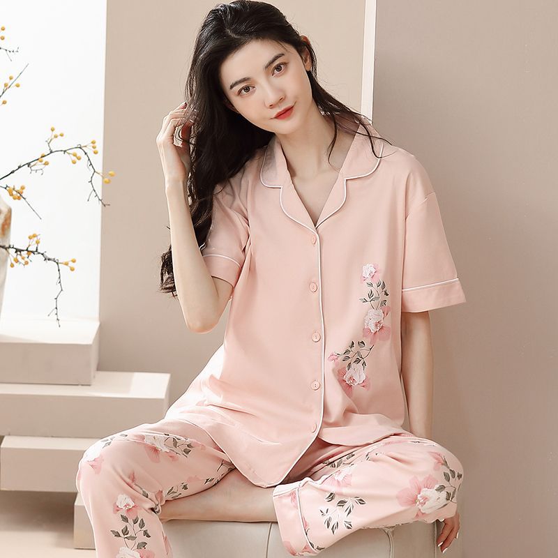 Pijamas de mujer primavera y verano 2023 nuevo 100% algodón cardigan pantalones de manga corta casual traje de desgaste para el hogar