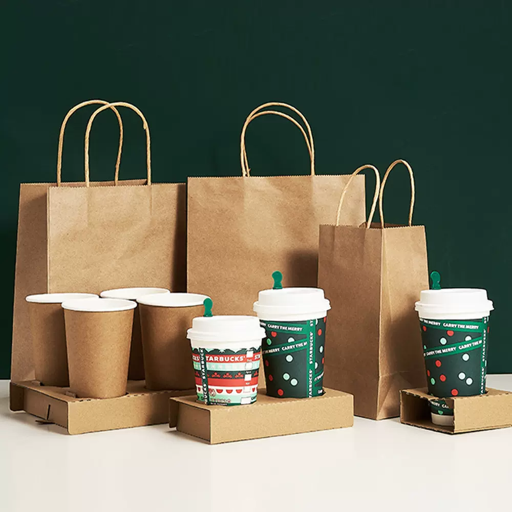 定制牛皮纸袋餐饮奶茶烘焙咖啡外卖打包袋圣诞新年节日手提纸袋