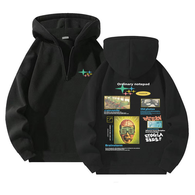 Black Women's Retro Letter Sweatshirts Fashion Double-Sided Printing Printed Quarter Zip Fleece Sweatshirt