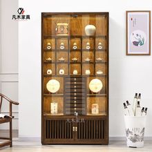 新中式实木普洱茶储藏柜老榆木玻璃柜茶叶展示柜多层抽屉式收纳柜
