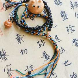 藏式棉绳金丝竹活眼呱呱毛衣链搭配黑檀木檀木铃铛手工编织