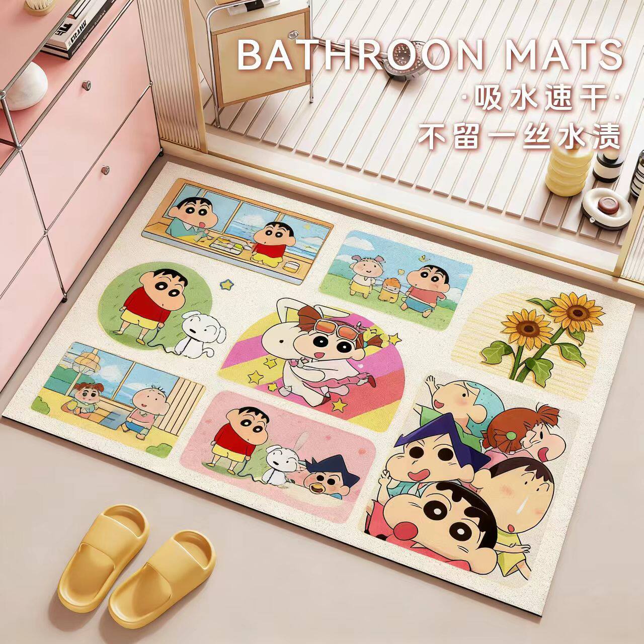 Cute Cartoon Anime Diatomaceous Earth Floor Mat for Washbasin, Quick-Drying, Water-Absorbent, Non-Slip Soft Mat, Easy-Care Bathroom Floor Mat
