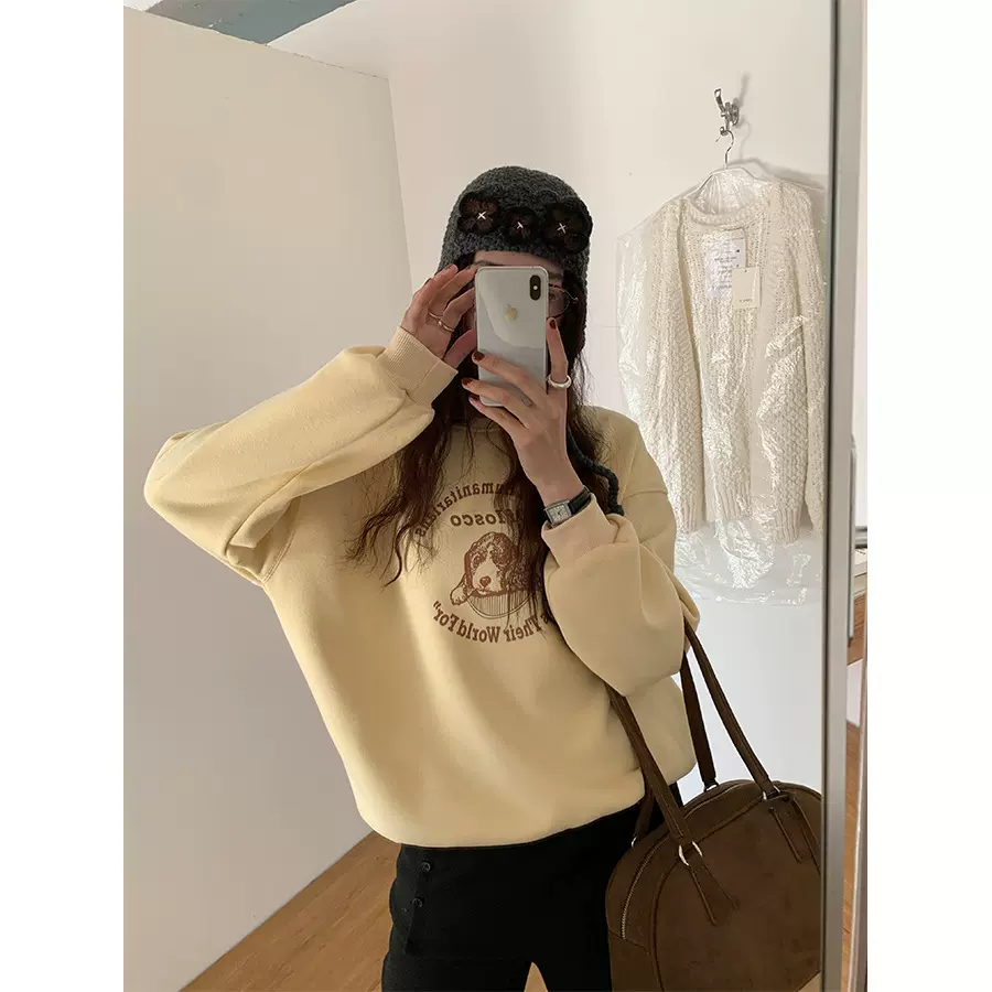 黄峥韩系卡通印花加绒圆领卫衣女秋冬新款宽松百搭通勤上衣541085