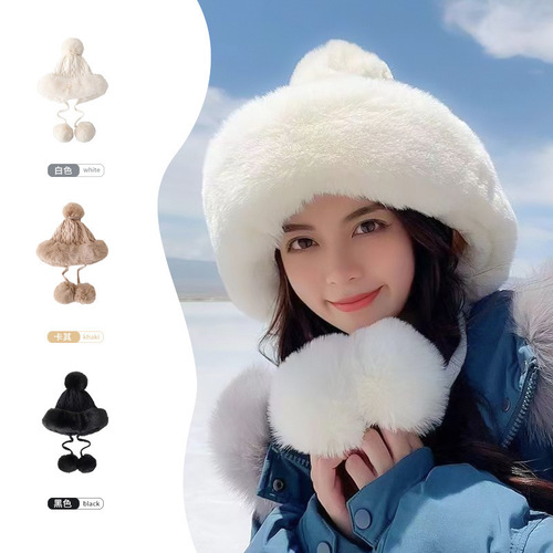 Winter and Spring New Women's Plush Fleece Lined Hooded Beanie Student Cute Outdoor Cold Proof Fashion Knitted Wool Hat