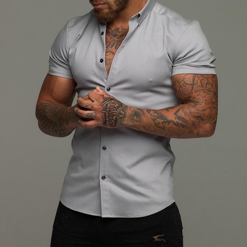 Muscle Men's Fitness Shirt Short-sleeved Lel Elastic Thin Solid Color Sports Casual Cardigan Business Non-ironing Trendy Shirt