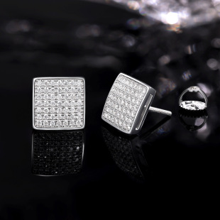 Cross-border foreign trade new square arc thread earrings S925 silver full diamond moissanite earrings European and American hip-hop earrings
