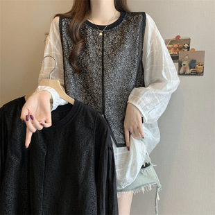 2025 spring new European fake two-piece round neck stitching lace shirt plus size loose design pullover top