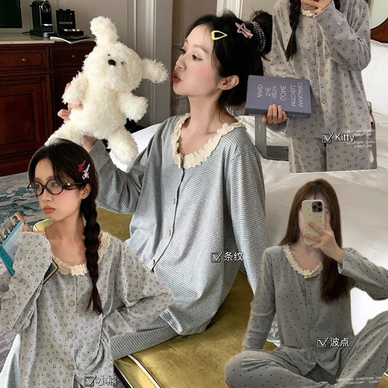 Cartoon Velvet with Bra Home Wear Set Soft and Comfortable Striped Sweet Wearable Warm Kt Women's Pajamas