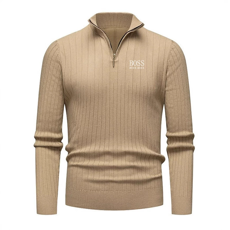 Вышитый трансграничный европейский и американский осенне-зимний мужской трикотаж, трикотаж с половиной молнии, экспорт, однотонная повседневная мужская одежда в вертикальную полоску