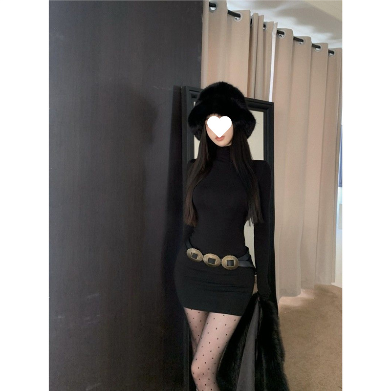 【777人在12小时内发货】纯欲辣妹半高领腰带紧身性感包臀裙春冬