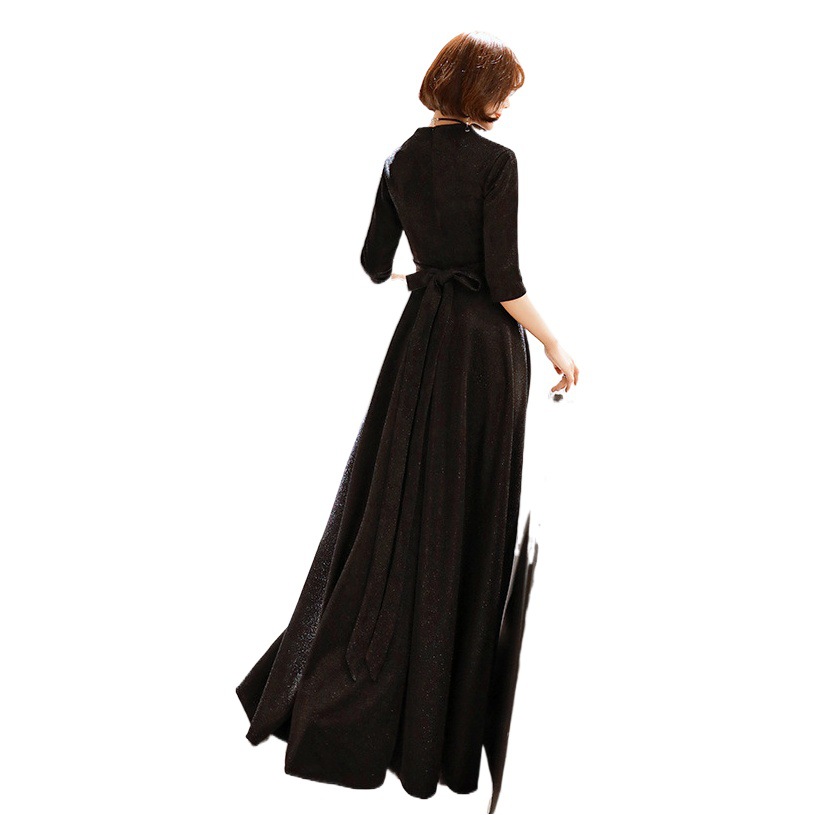Negro anual fiesta vestido de noche para las mujeres 2024 verano nuevo elegante banquete Socialite largo Delgado cuello en V adelgazamiento coro vestido