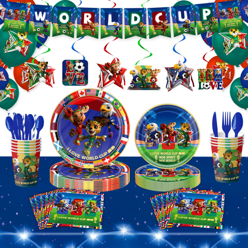 Cross-Border New Products, World Cup Mascot Party Decorations, Paper Plates, Flags, Tablecloths, Balloons, Cutlery, Spoons, Decorative Items
