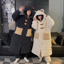 冬季新款三层连帽袍套夹棉加绒加厚情侣睡衣家居服套装