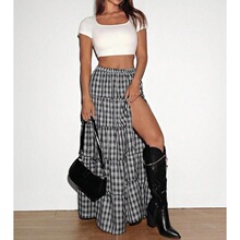 Y 39050 Plaid Pleated Midi Skirt ���Ƶ������ȹ �羳ŷ��