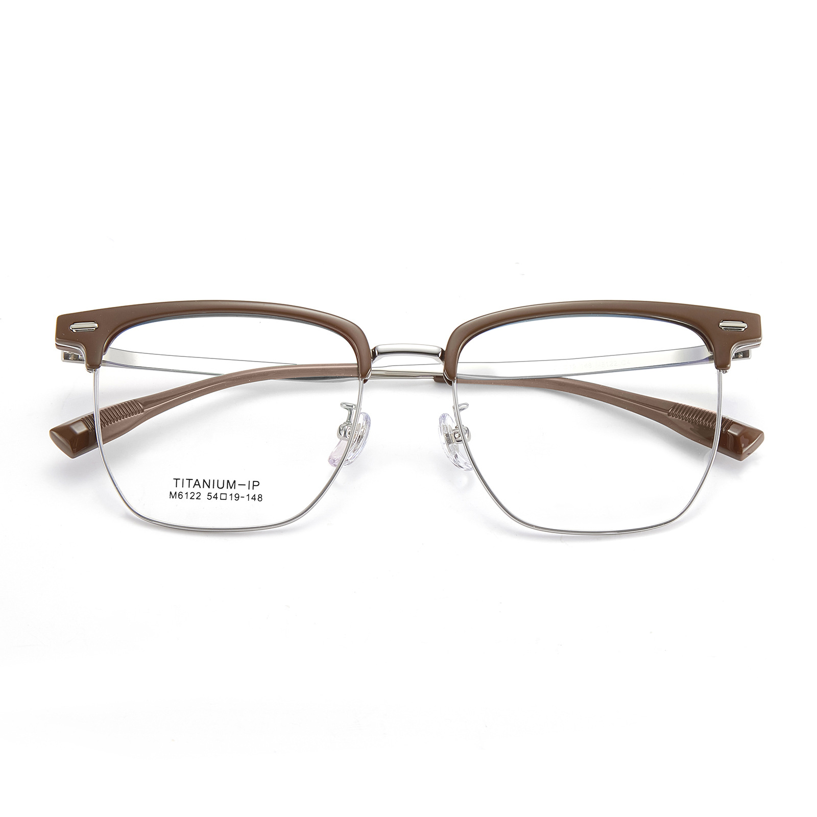 Temperamento suave, té cálido blanco, marrón TR, titanio, cejas, gafas, marco, reparación tridimensional, gafas, aprobación Danyang