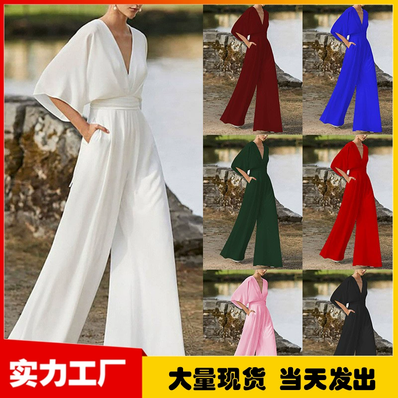 2023 Летняя Европейская и американская внешняя торговля Новый женский комбинезон с рукавом «летучая Ракета» Amazon Explosions Повседневные широкие брюки с высокой талией