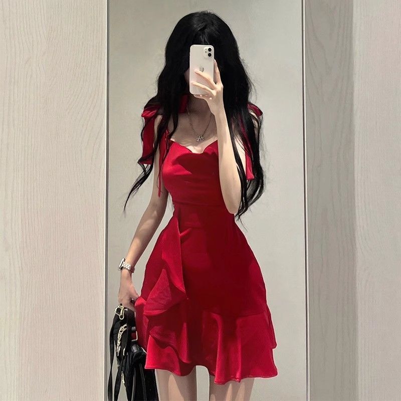 Purely Sexy Red Spaghetti Strap Dress for Women, New Summer Design with Unique Style, Waist-Cinching and Slimming Short Dress Purely Sexy Red Spaghetti Strap Dress for Women, New Summer Design with Unique Style, Waist-Cinching and Slimming Short Dress