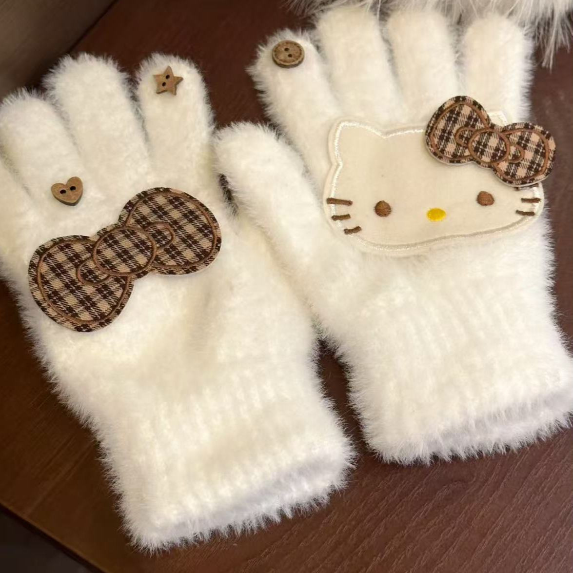 复古文艺kitty原创格子蝴蝶结木质纽扣可爱少女心分指手套