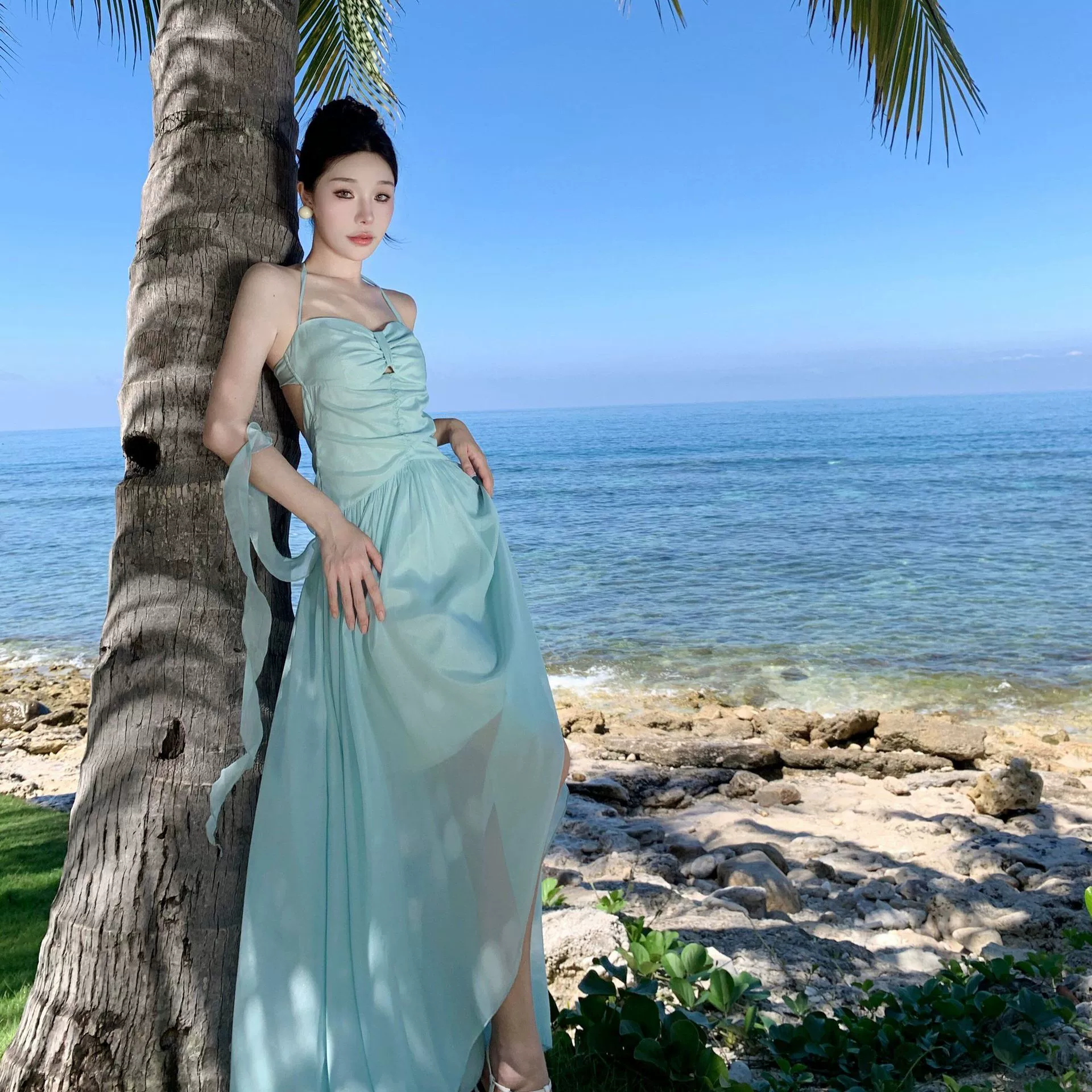 Супер сказочное платье в стиле морского курорта, красивое платье на подтяжках, женственная длинная юбка с бантом, летняя французская юбка с открытой спиной