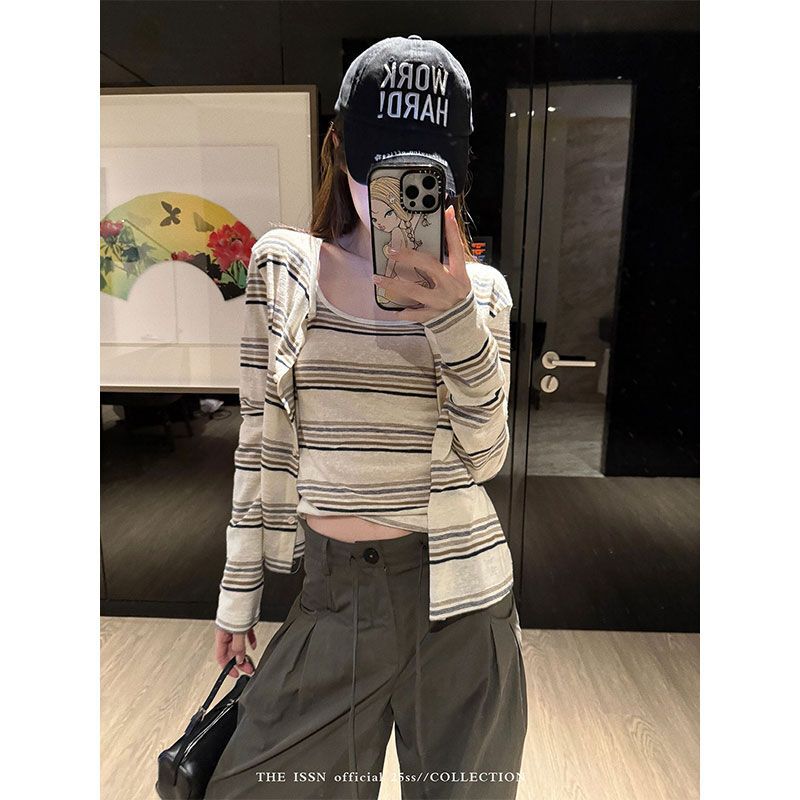 2025 Autumn New Korean Style High-End Versatile Striped Long-Sleeve Cardigan Vest Camisole Fashion Suit for Women 2025 Autumn New Korean Style High-End Versatile Striped Long-Sleeve Cardigan Vest Camisole Fashion Suit for Women