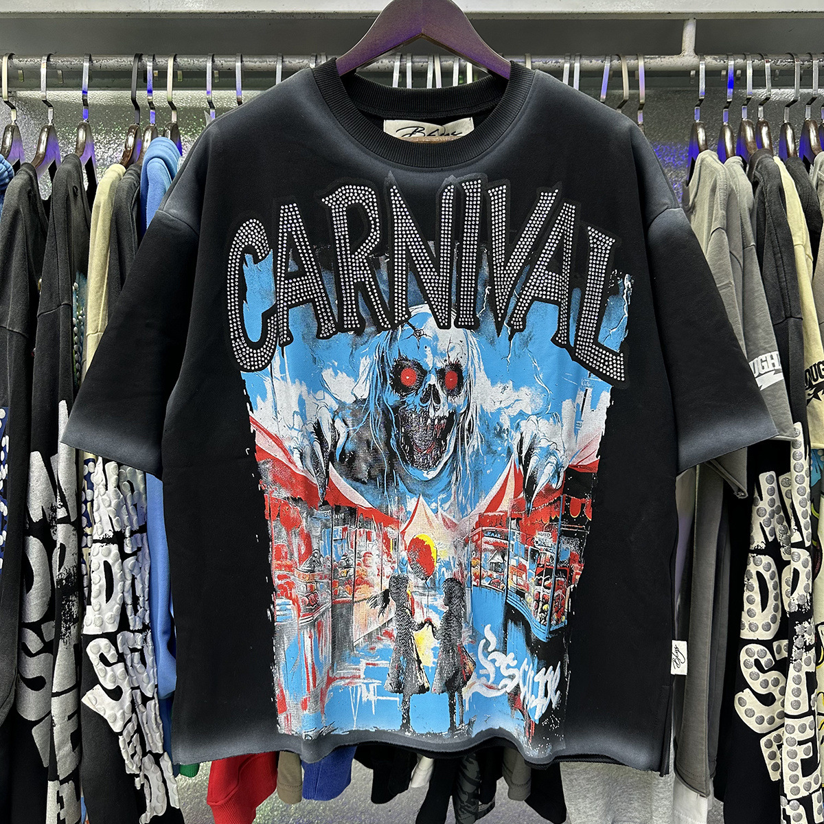 Transfronterizo nueva venta en caliente BKS camiseta de manga corta extraña esqueleto retro lavado de agua caliente perforación en caliente para hombres y mujeres de moda en stock lotes