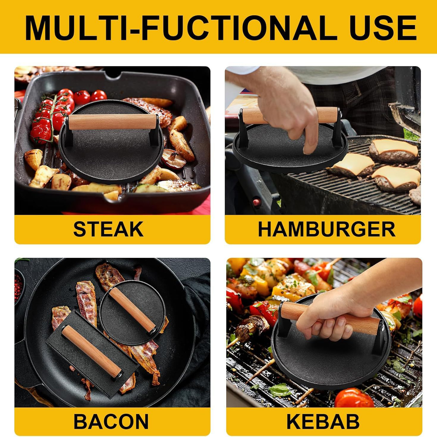 3 pieces of crushing the burger crusher kit, the burger pressure is suitable for baking trays, cast iron barbecue press with wooden handle 4