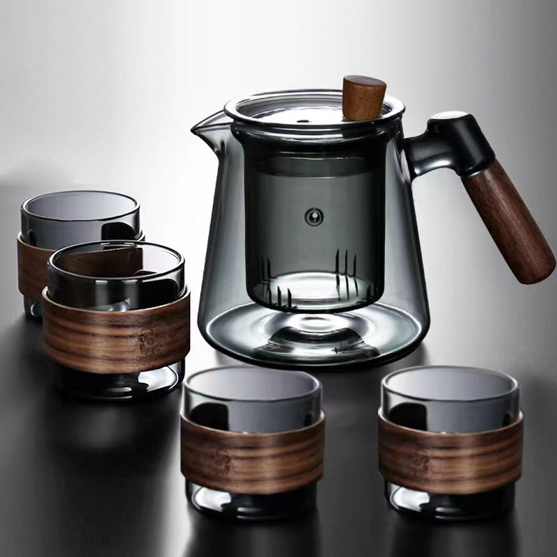High Borosilicate Glass Tea Pot with Wood Ring and Small Cups, Side Handle Glass Tea Set for Home