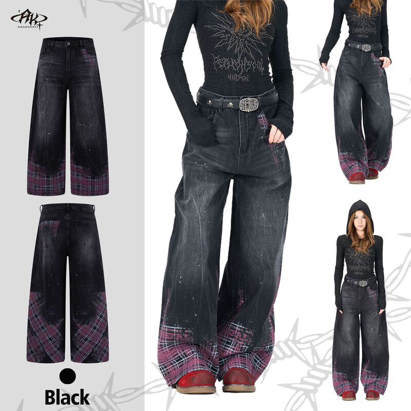 High-End New Heavy Trendy Brand Straight-Leg Jeans for Men with Splashed Ink Plaid Print, Washed Loose Fashion Wide-Leg Pants