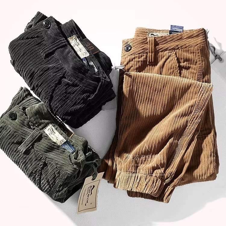 Nuevo mono de Bolsillo grande retro para hombres pantalones casuales de moda sueltos de todo el partido de pana de moda Pantalones americanos atados al tobillo