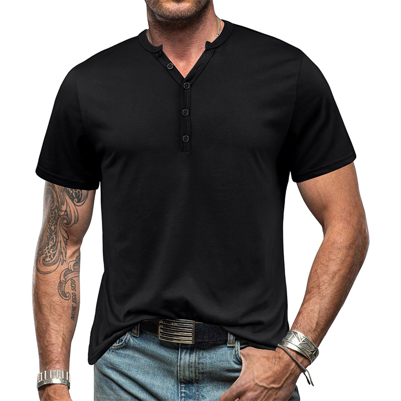 Heißer Sommer Atmungsaktive Herren Henry Kurzarm T-shirt Europäische und Amerikanische männer Taste Einfarbig T-shirt Top_voghion.com