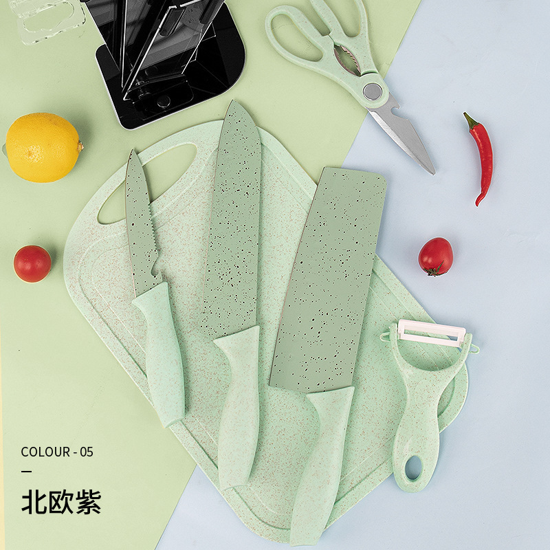 En stock al por mayor de trigo Polo color de siete piezas traje de acero inoxidable hogar cuchillo conjunto traje de acero inoxidable