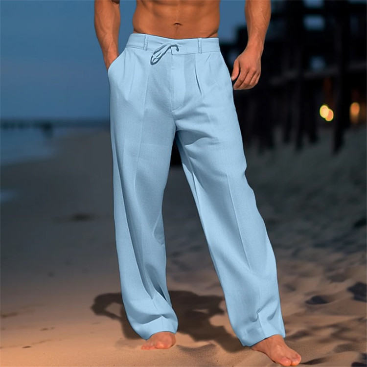 Pantaloni da spiaggia estivi in lino da uomo, tasca frontale, tinta unita, comodi, traspiranti, casual, stile basic per le vacanze quotidiane_voghion.com