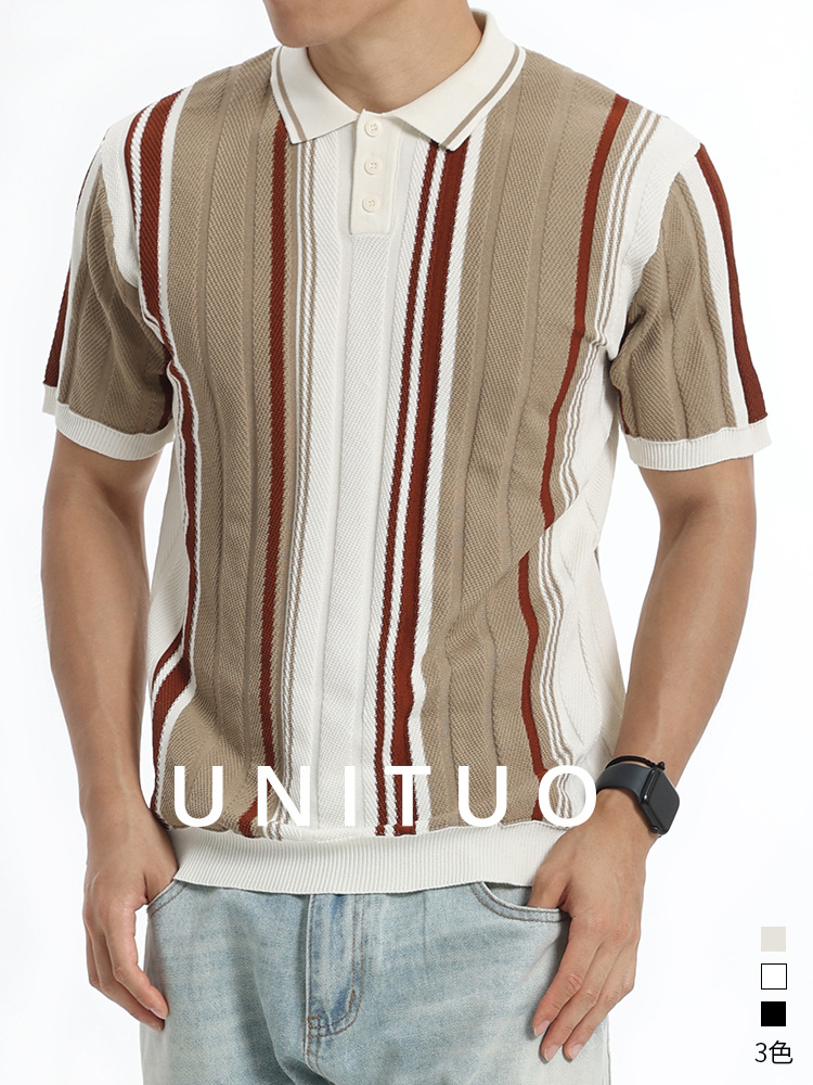 Hombres color contrastante rayas hielo jersey polo semia cremallera solapa manga corta negocios casual alta sensación chaqueta hombre